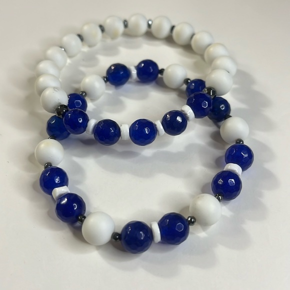 Handmade One of a Kind Blue & White Beaded Bracelets - Picture 2 of 4